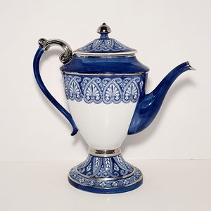 Bombay Company Blue White Teapot with Silver Trim Or Coffee Pot